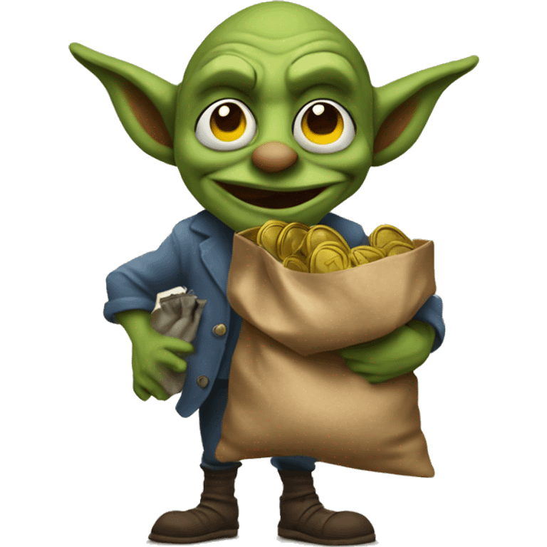 Goblin with big nose holding a bag of Pennys emoji