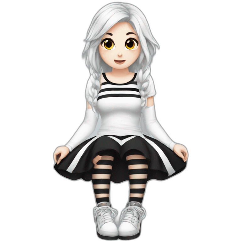 Frontal view curvy emo girl sits white skirt striped stockings hands up emoji