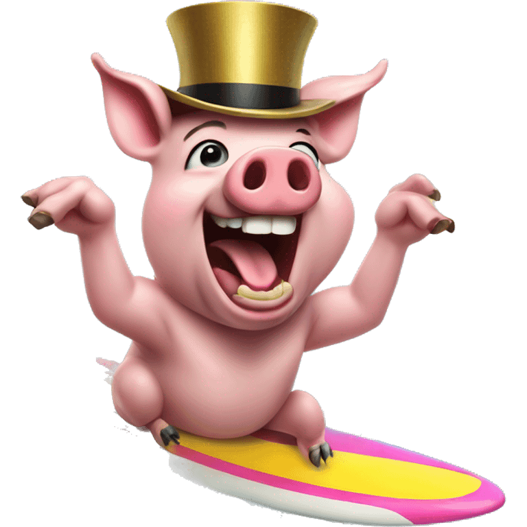 a pig happy screaming while on a surf board on a rainbow with a top hat emoji