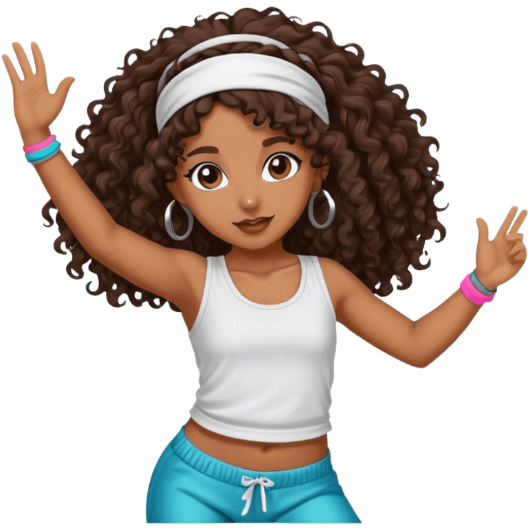 Dancing brown girl with long darn brown curly hair with headband hip hop emoji