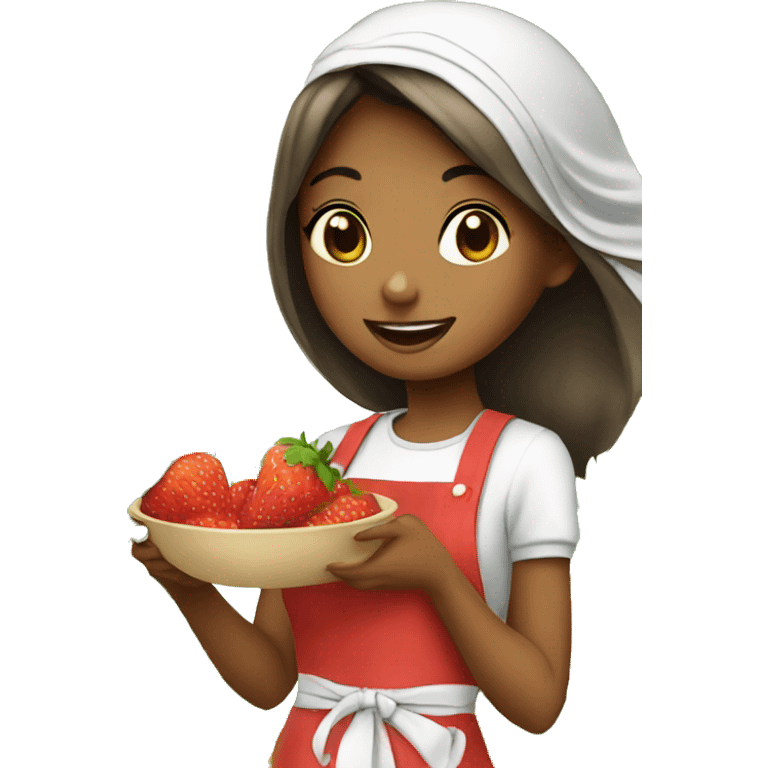 Girl eating a strawberry wearing apron the girl should wear an abaya  emoji