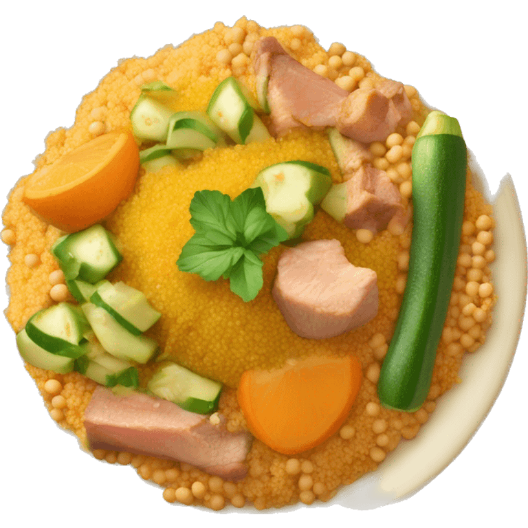 Couscous dish with orange sauce, carrots, zucchini, chickpeas and meat on top emoji