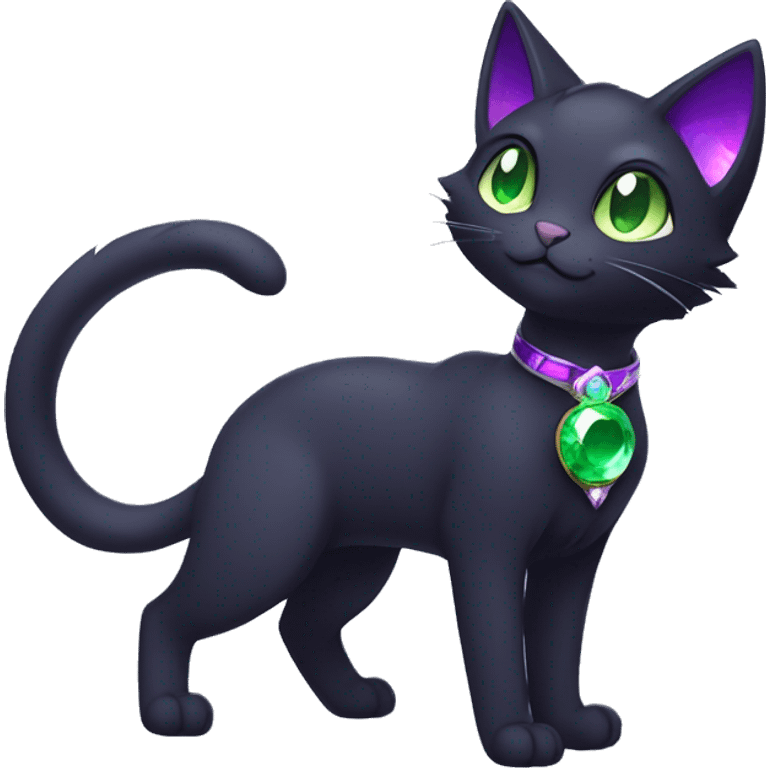 Shiny, Sparkly, Black Dark-type-Fakémon-Cat Purple eyes, green gem, full body emoji