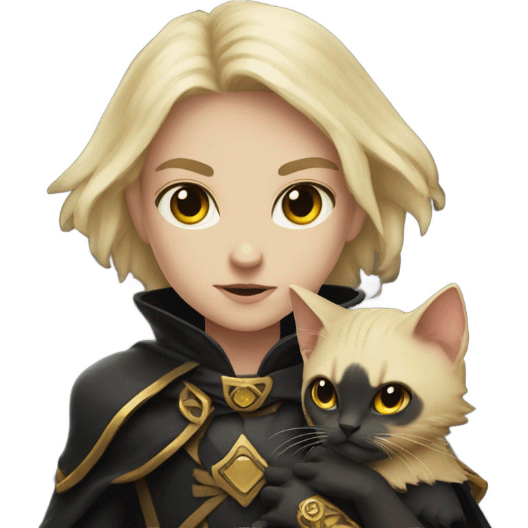 A pale sun warlock who is holding a black kitten emoji