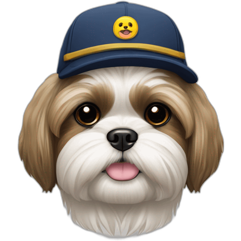 perro shih tzu con gorra con logo de huellitas emoji