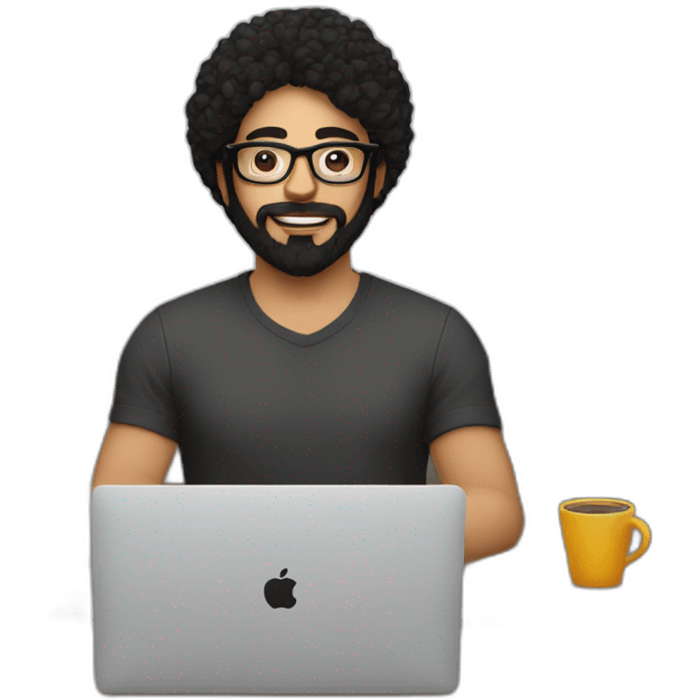 Designer with black hair, beard and glasses working with MacBook and drinking cappuccino  emoji