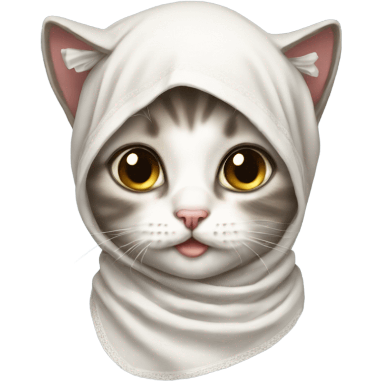 Kitten wearing a headscarf tied under the chin like a babushka emoji