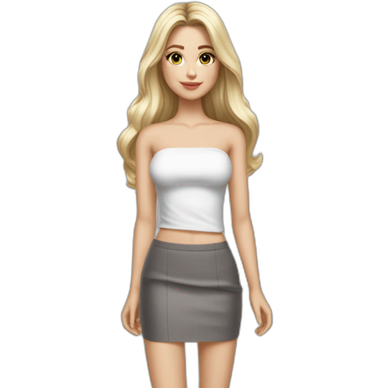 hyperrealist caucasian long hair blonde brown eyes strapless white top gray tight mini skirt black shoes full body emoji