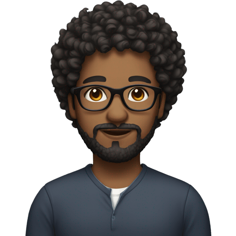 Black curly hair, brown skin, a beard, and wearing glasses emoji