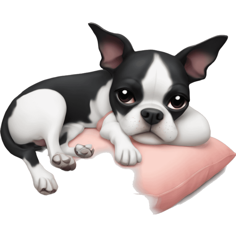 Boston terrier dog cuddling girl sleeping emoji