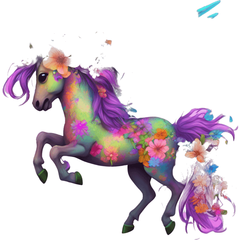 Trippy patchwork Zombie Pegasus unicorn psychedelic flowers floral groovy art neon rave raving emoji