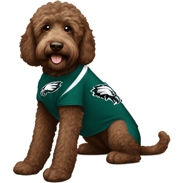  brown Labradoodle wearing a Philadelphia eagles shirt in love  emoji