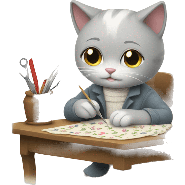 sweet grey white cat doing needlework emoji