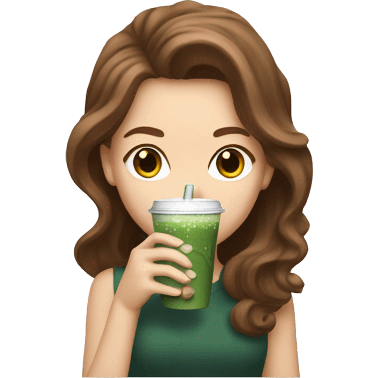 White girl with brown wavy hair drinking iced matcha latte emoji