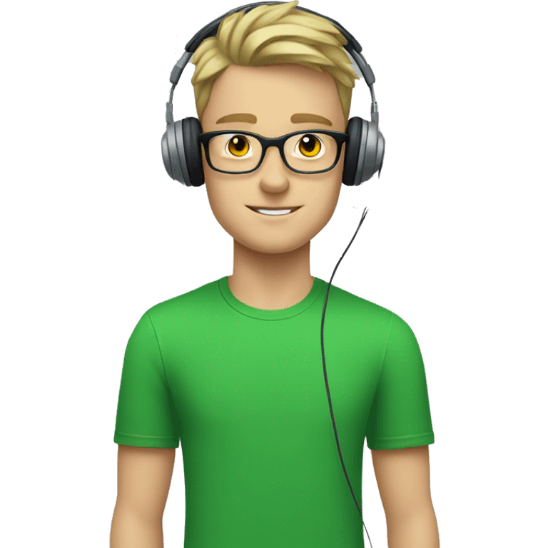 white young man with square glasses and blue eyes wearing green t-shirt with laptop and headphones emoji