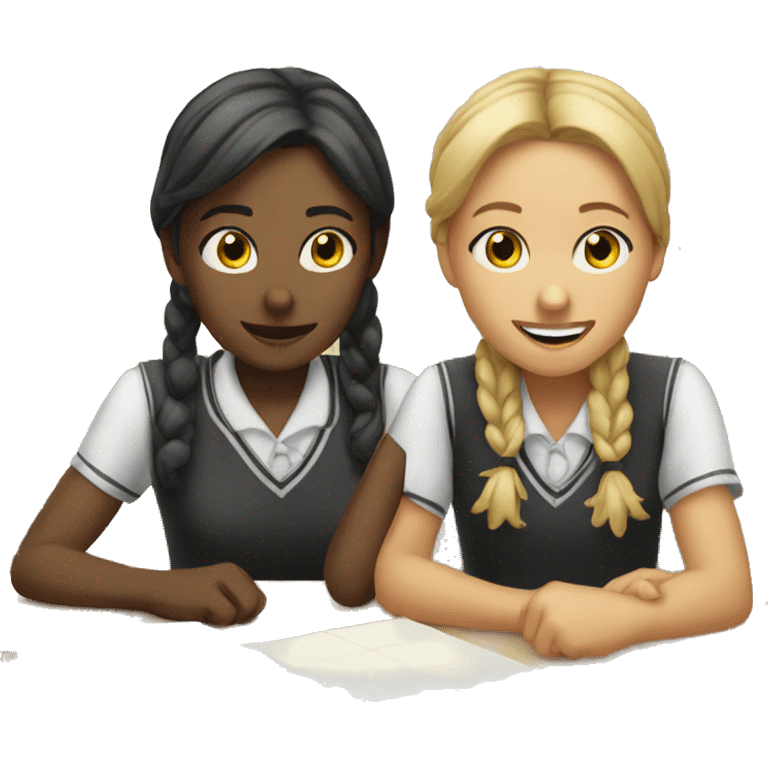 Two schoolgirl at the table are talkng emoji