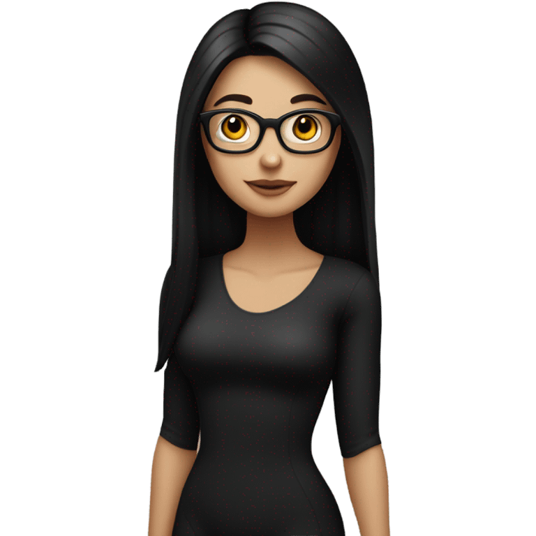 White girl with long straight black hair wearing a black bodysuit and glasses full body emoji