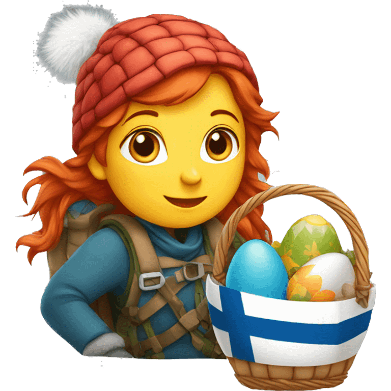 red hair female winter mountaineer climbing with Easter eggsbasket and Greek flag emoji