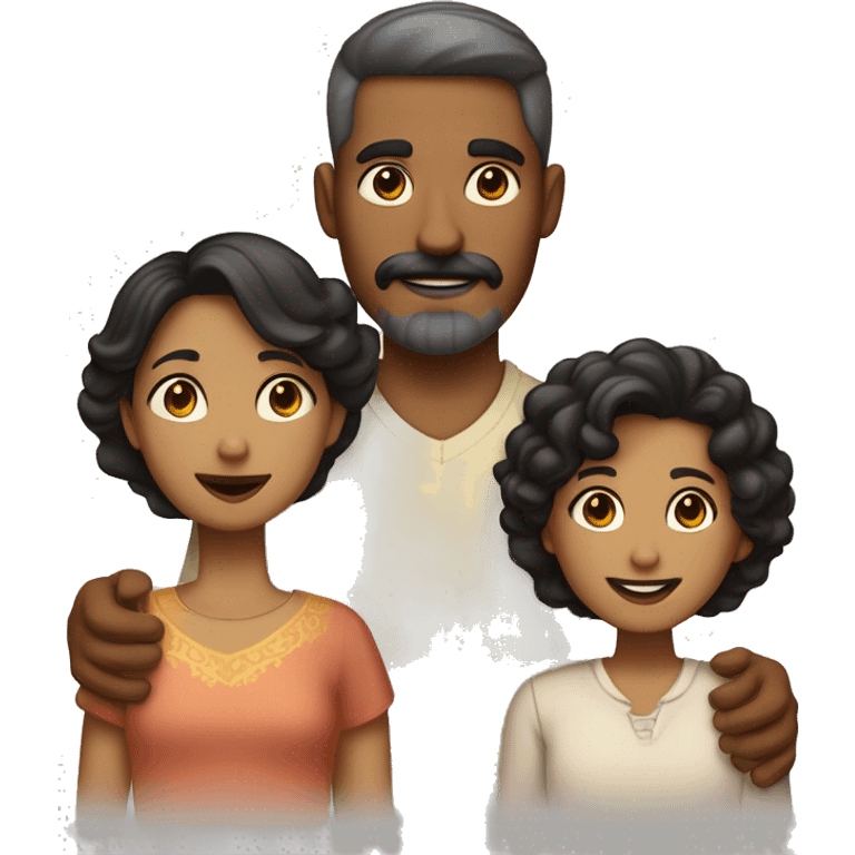 Family of a light dark skinned father, with a well trimmed mustache and beard, a fair skinned mother with black hair and gold highlights, 2 sons who are a light dark skinned, and a daughter who has a light skin and short black hair emoji