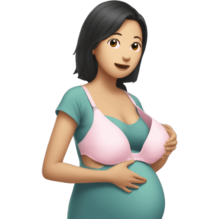 Pregnant Asian woman holds a bra in her hands emoji