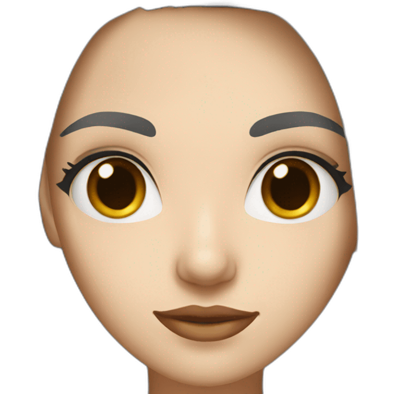 White woman with wide brown eyes with long black hair with a small mouth emoji