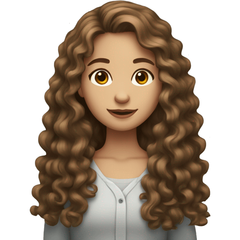 Emoji of a light brunette girl with long curly brown hair emoji