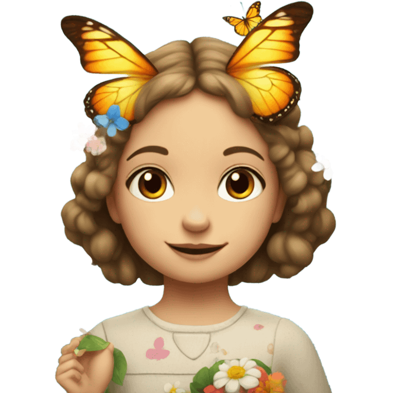 European little girl with butterfly and flowers emoji