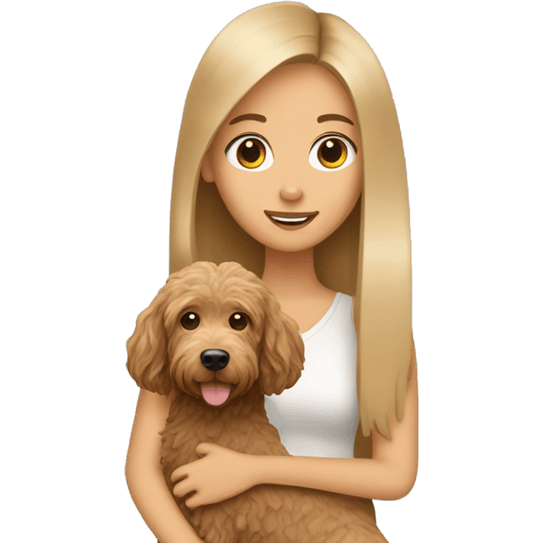 fan girl with long straight hair holding tan labradoodle emoji