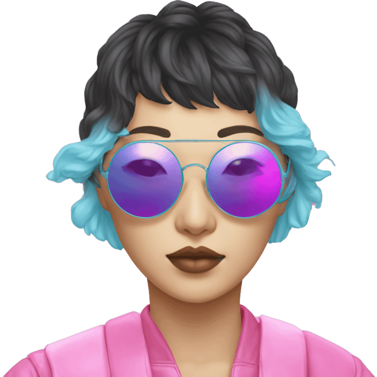 a short-haired Taiwanese lesbian with vaporwave style, sunglasses with vaporwave image on it. emoji