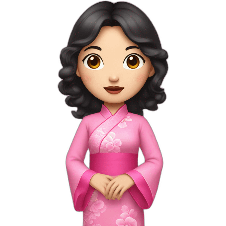 asian girl with fair lips, wavy black hair posing with pink ao dai full body emoji