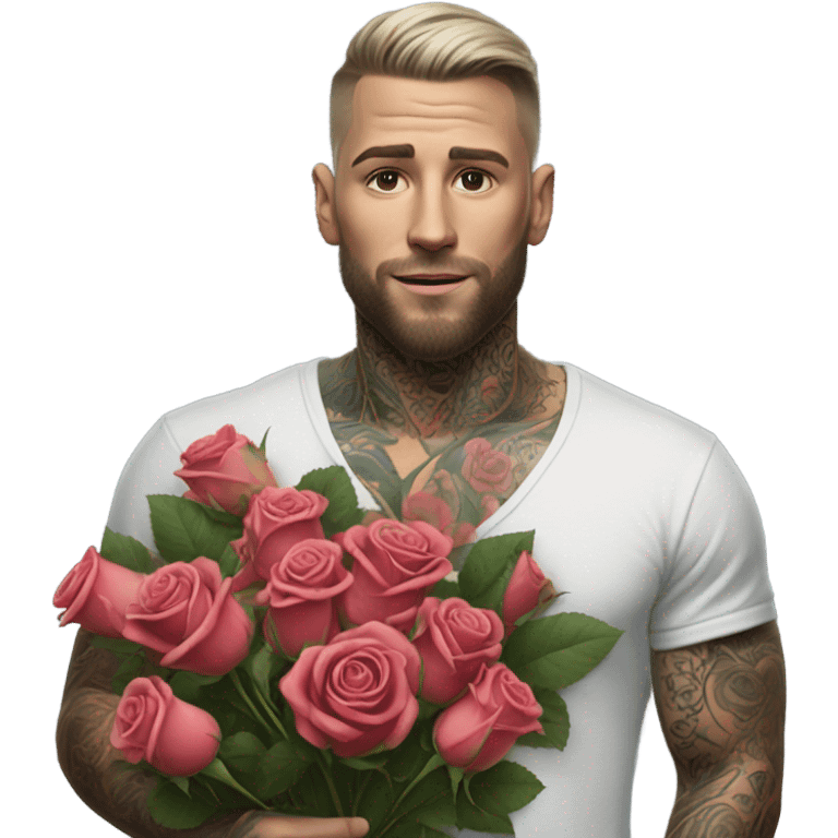 Hyper Realistic handsome tattooed man holding a bouquet of roses emoji