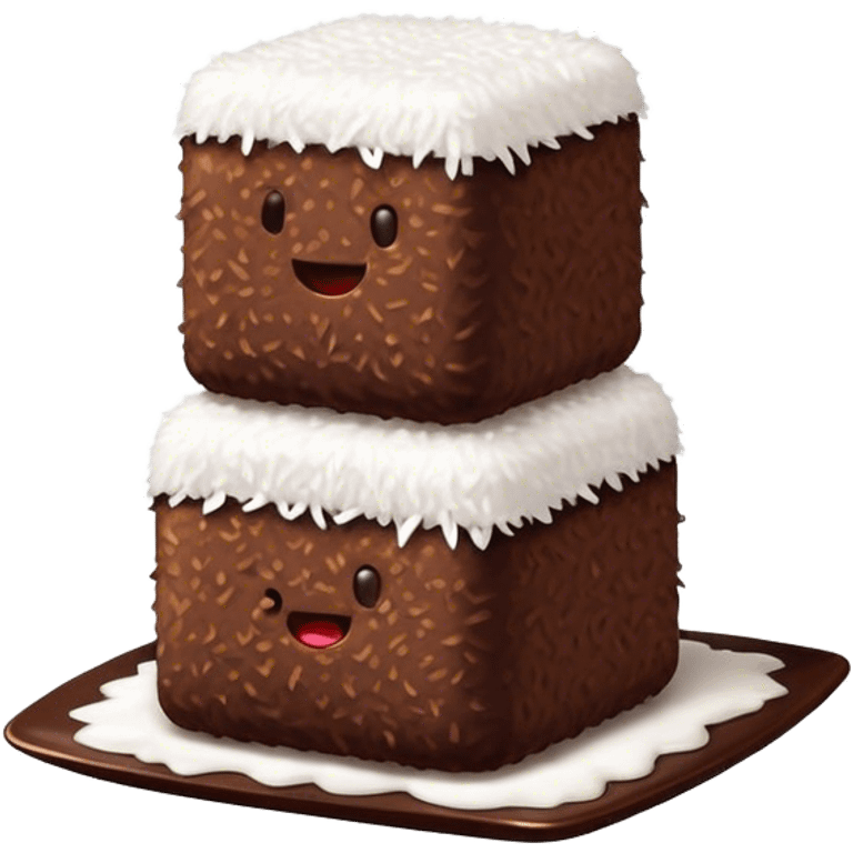 Cinematic Realistic Lamingtons Dessert Emoji, depicted as soft sponge squares coated in chocolate and coconut rendered with mouth‚Äêwatering detail and vibrant lighting. emoji