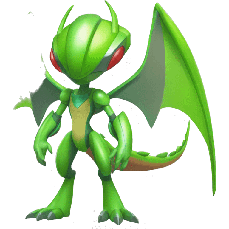 a shiny green Genesect-Flygon-Raptor-Fakémon—hybrid with a futuristic visor-helmet full body emoji