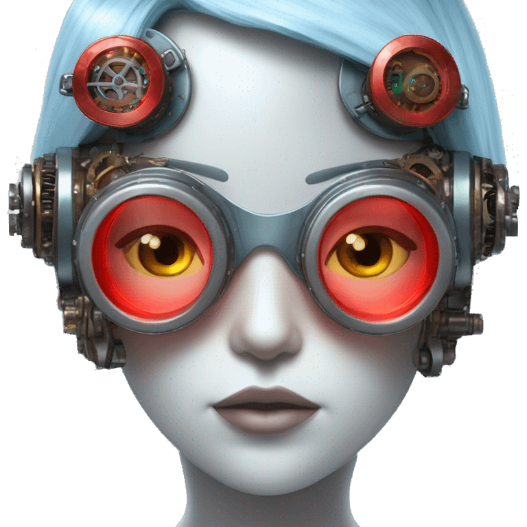 Light blue long hair female cyborg head with red steampunk goggles and circuits emoji