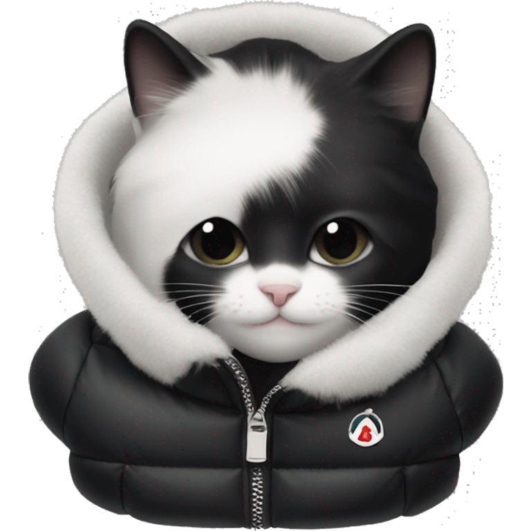 black and white cat wearing black moncler puffer coat emoji