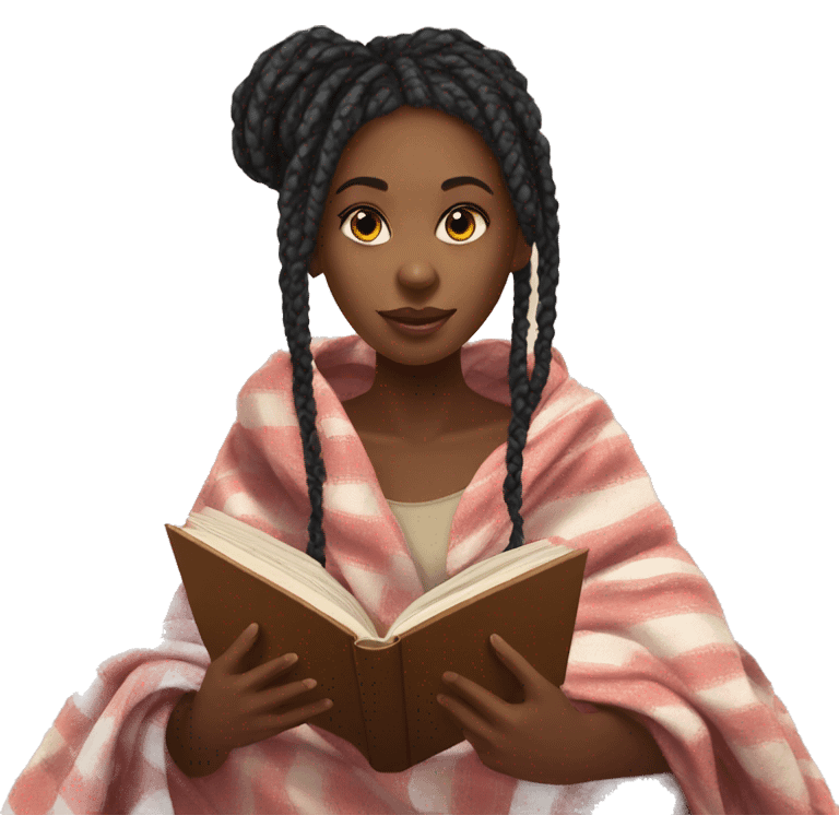 Black girl with box braids inside a blanket reading a book emoji