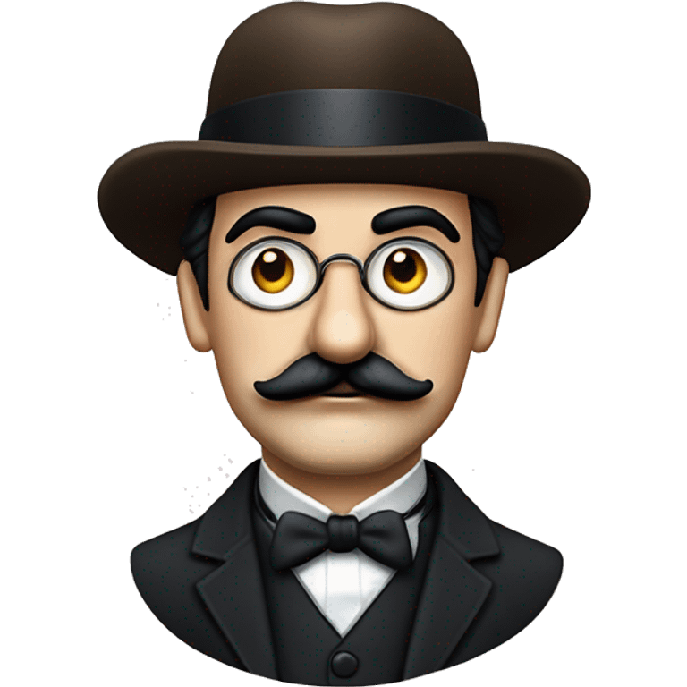 Hercule Poirot. Tête ronde. moustache peignée. Crâne chauve. Sourcils Yeux marrons. Lunettes binocles. Chapeau. Sourcils épais. emoji