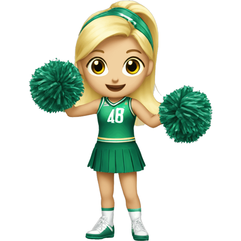 blonde hair, blue eyed girl Cheerleader cheering with green and yellow uniform and poms  emoji