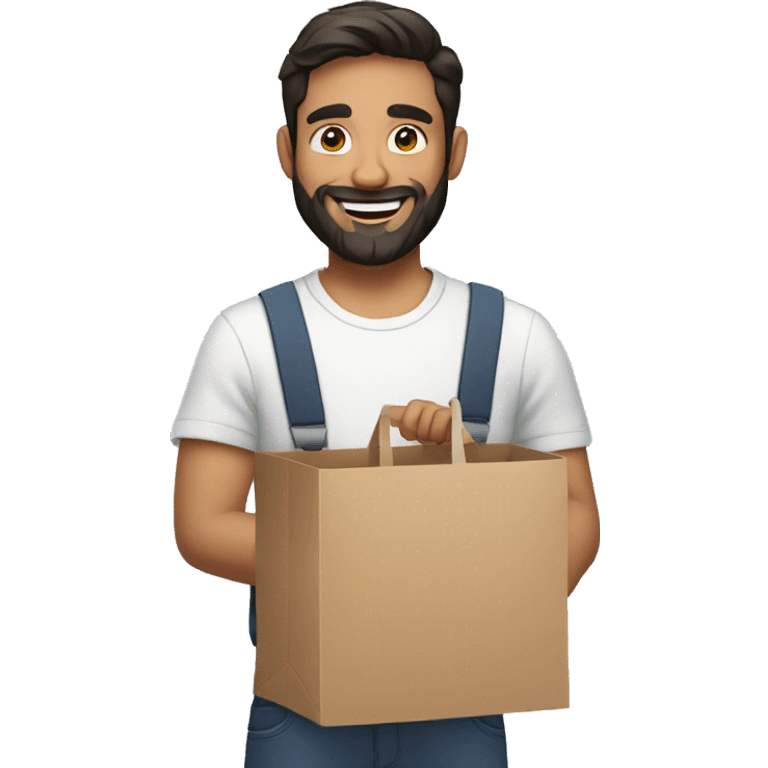 bearded man with short dark hair holding a product cart and smiling emoji