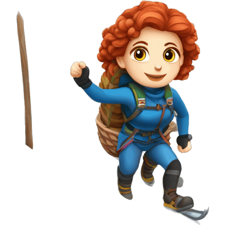 Greek Female winter mountaineer red hair white skin climbing with Greek Flag and Easter eggs basket emoji