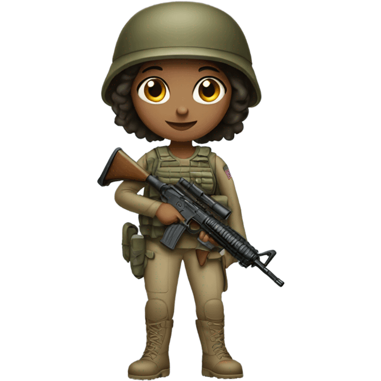 Brown eyed girl in army gear with weapon emoji