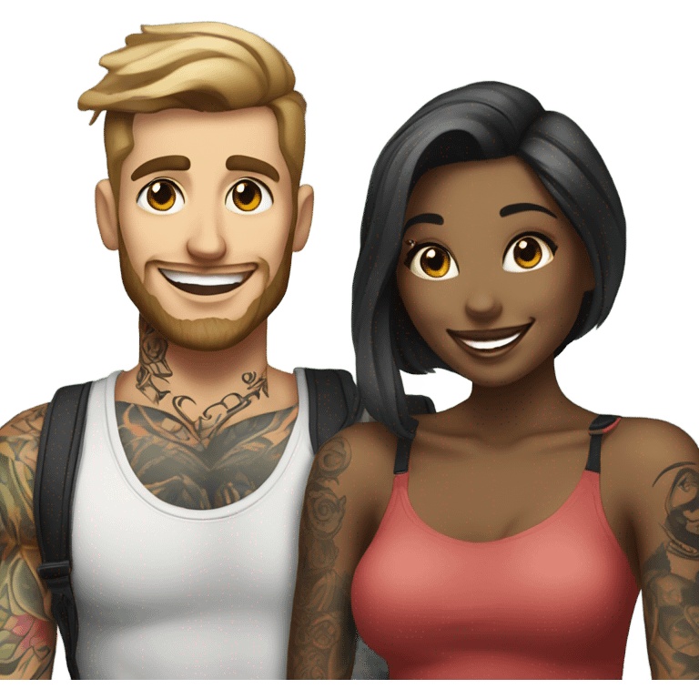 Photo Female model smiling at a very handsome tattooed man taking pictures  emoji