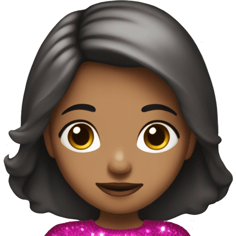 A girl with long hair black,fucsia dress,brown eyes,glitter emoji