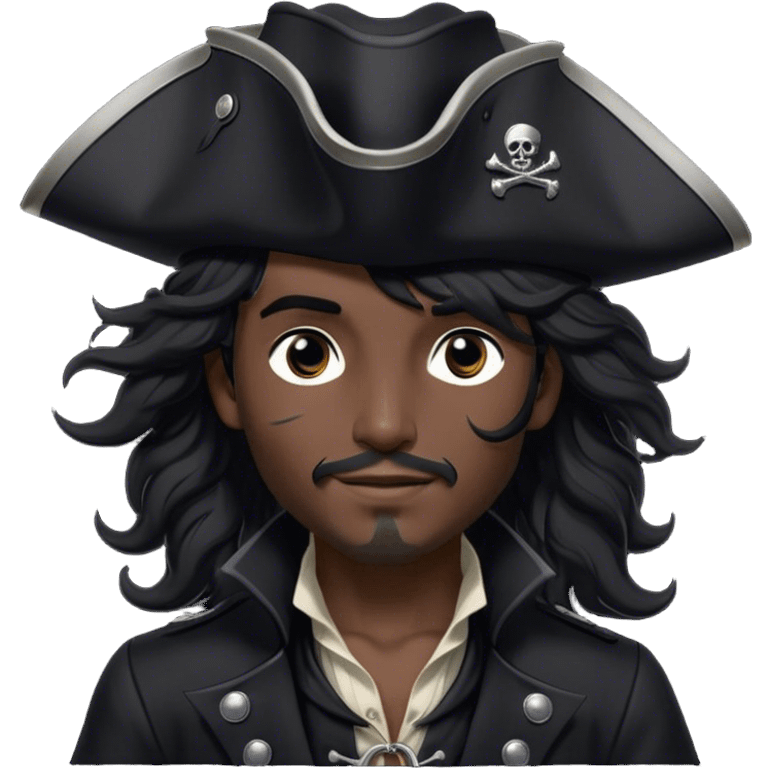 A charismatic pirate with wavy black hair tousled by the breeze. His silver-embroidered tricorn hat casts a shadow. Dark eyes glint with mischief as he looks to the side, a knowing smile on his lips. His black coat, adorned with silver buttons, shifts with the wind emoji