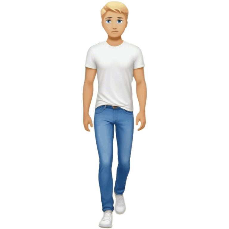 A cinematic realistic blond man with blue eyes, dressed in jeans and a T-shirt, walks against a background of trees emoji