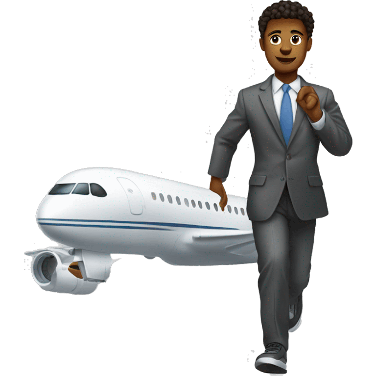 Young man striding a passenger jet flying throu cloudy skies emoji