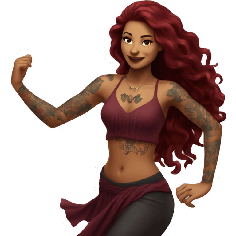 Beautiful tattooed burgundy long haired woman dancing emoji