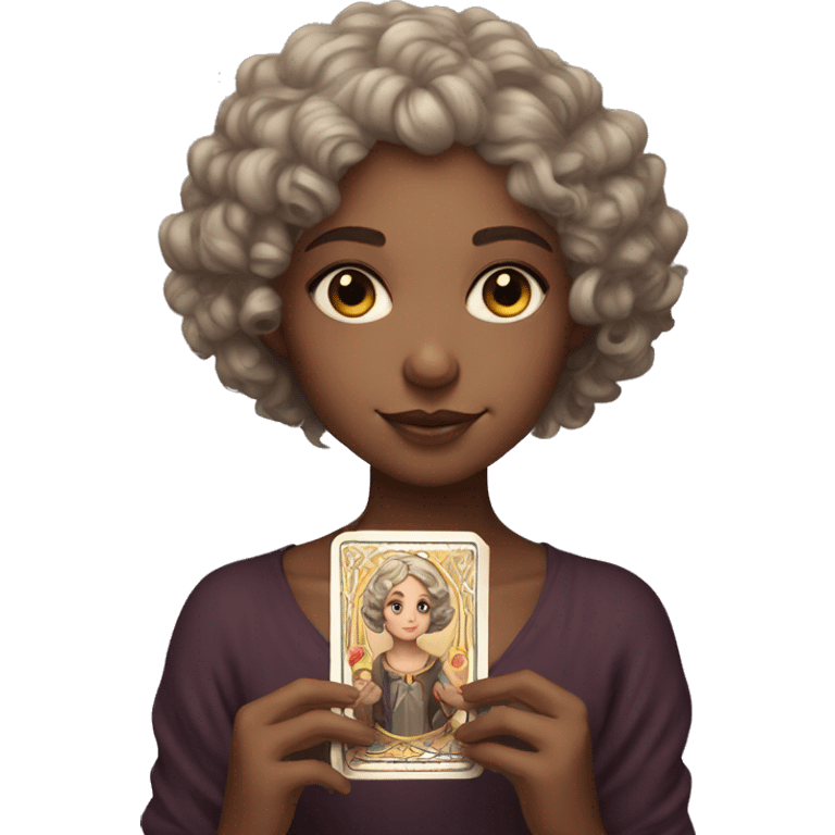 a girl with fair skin, short curly hair, holding tarot cards. emoji