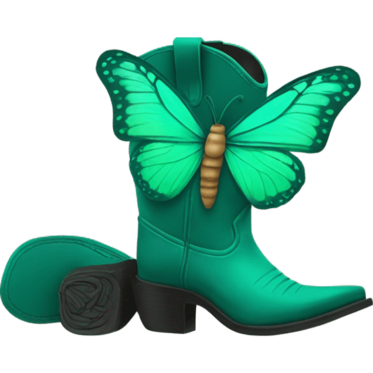 Green butterfly flying around a teal cowboy boots emoji