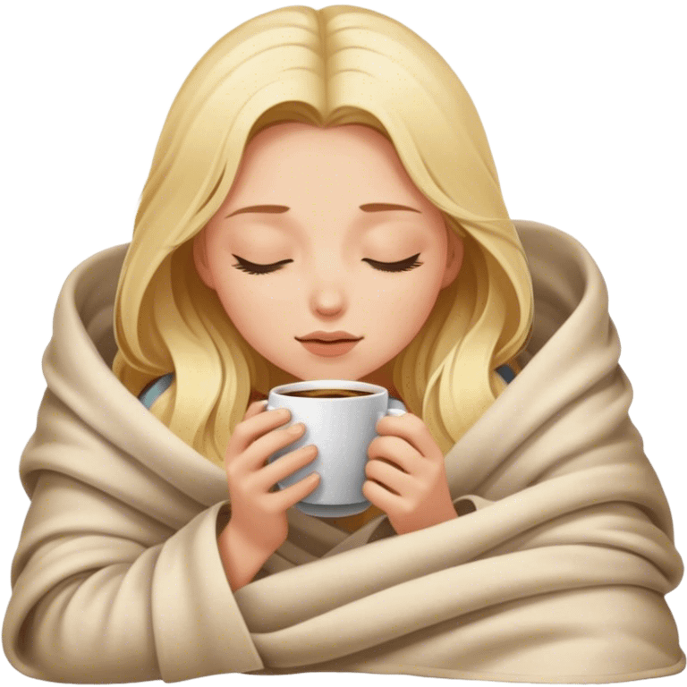 blonde girl inside a blanket sipping coffee eyes closed emoji